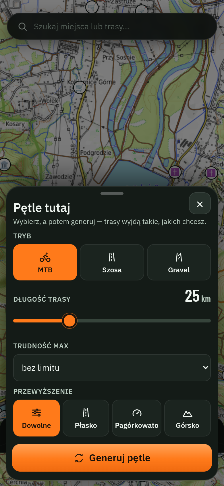 Arkusz „Pętle tutaj”: wybór trybu MTB/Szosa/Gravel, suwak długości 25 km, przewyższenie górsko/płasko, przycisk Generuj pętle
