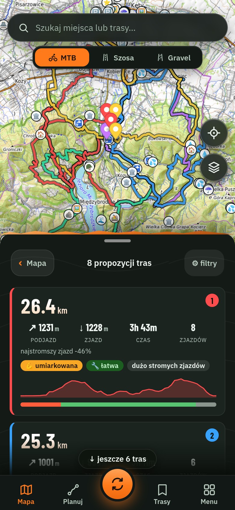 Osiem kolorowych pętli MTB wygenerowanych na mapie Beskidu Małego; karta trasy 26,4 km, suma podjazdów 1231 m