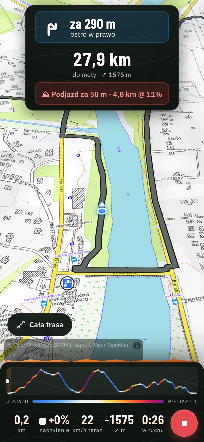 Nawigacja RideLab w 3D: baner „za 290 m ostro w prawo”, 27,9 km do mety, ostrzeżenie o podjeździe 4,8 km o nachyleniu 11%
