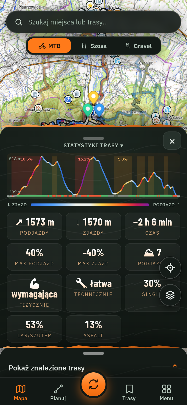 Statystyki trasy: profil barwiony nachyleniem z podpisanymi podjazdami 10,5% i 16,2%, podjazdy 1573 m, max 40%, trudność techniczna łatwa, 13% asfaltu