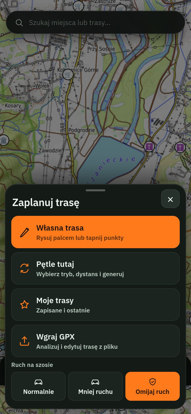 Arkusz planowania z segmentem „Ruch na szosie”: Normalnie, Mniej ruchu, Omijaj ruch — oraz opcjami Własna trasa, Pętle tutaj i Wgraj GPX